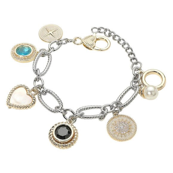 14K Gold Plated Two Tone Mother of Pearl Heart Pearl Color CZ Stone Charm Statio - Picture 3 of 3